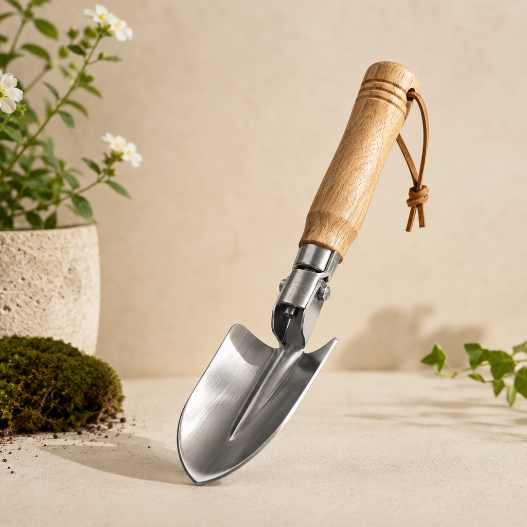 Folding Stainless Steel Garden Trowel with Ergonomic Wooden Handle