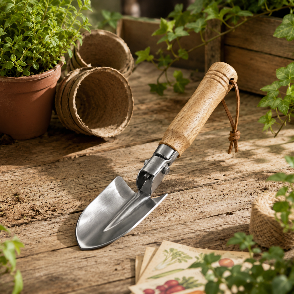Folding Stainless Steel Garden Trowel with Ergonomic Wooden Handle