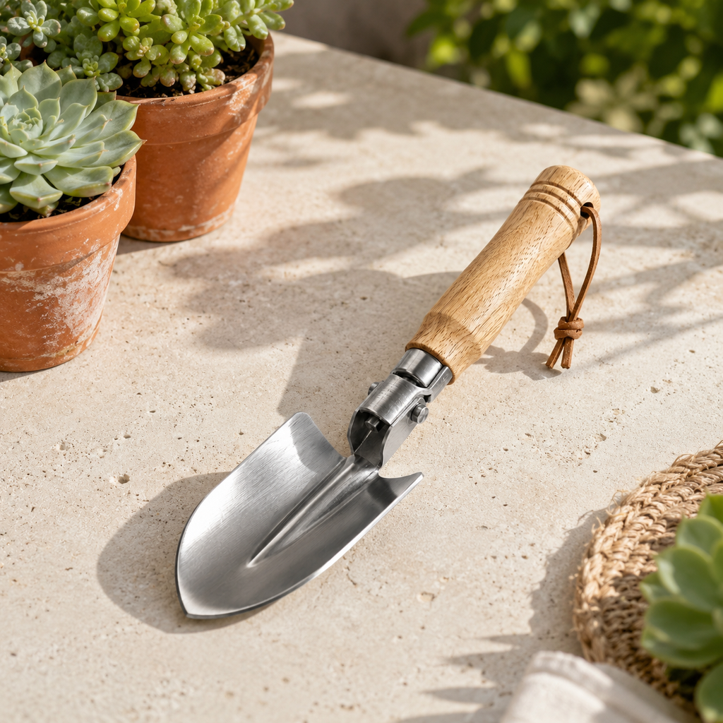 Folding Stainless Steel Garden Trowel with Ergonomic Wooden Handle