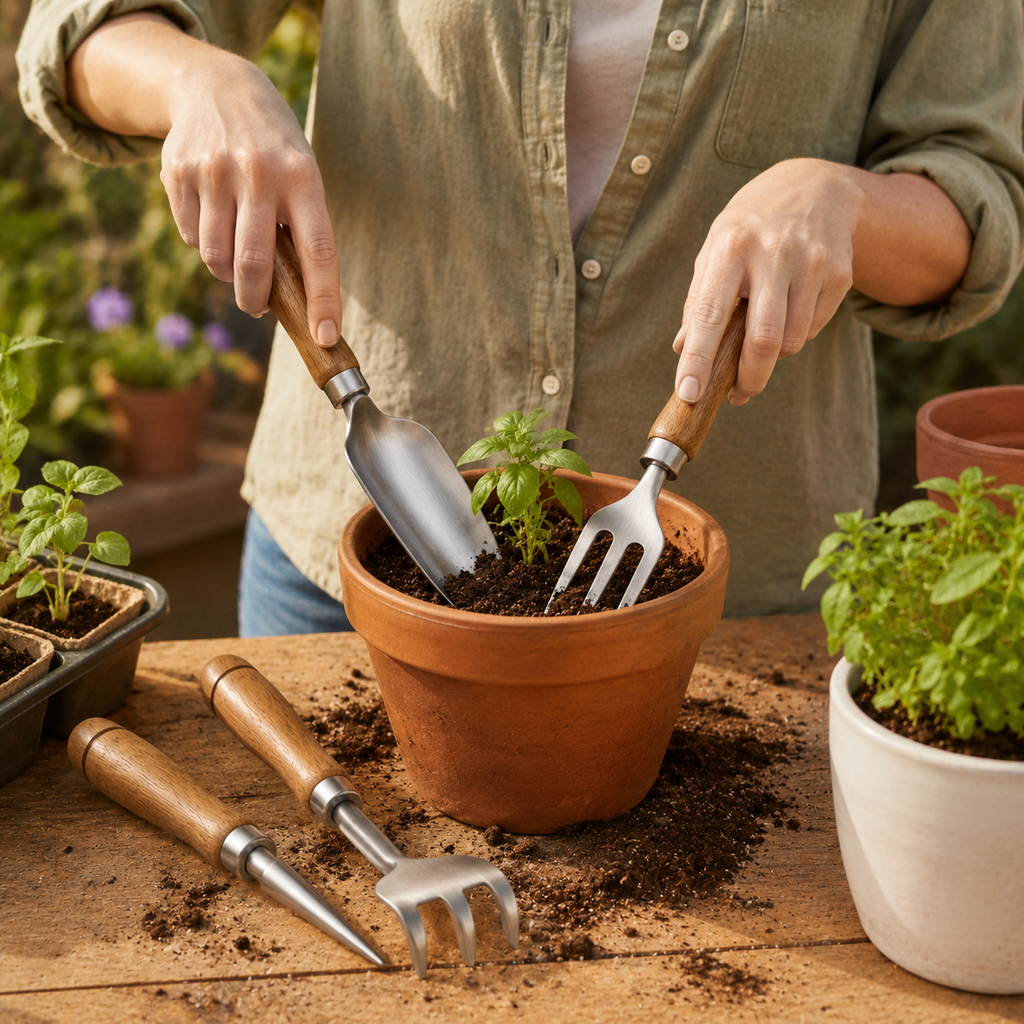 4-Piece Stainless Steel Hand Garden Tool Set with Wooden Handles