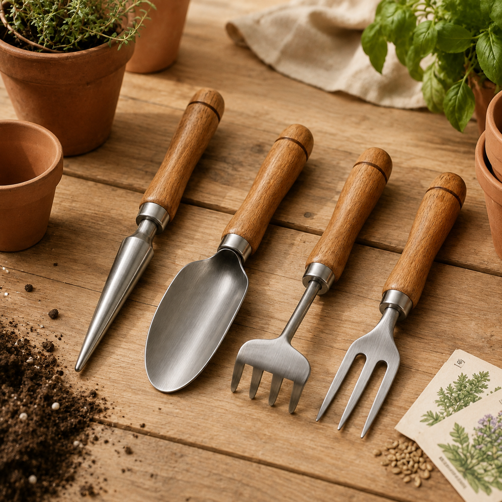 4-Piece Stainless Steel Hand Garden Tool Set with Wooden Handles
